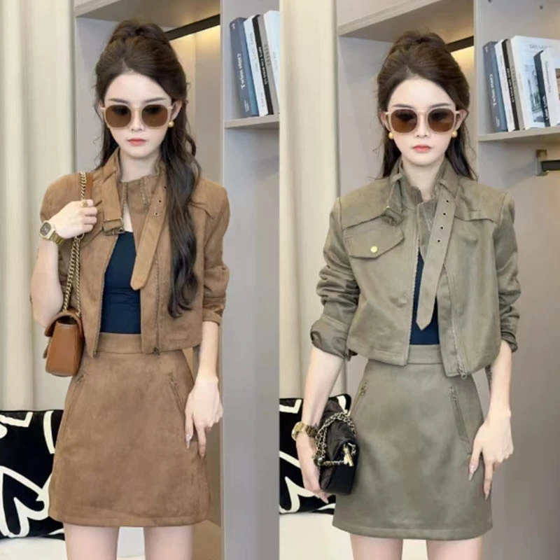 小香风秋季新款港味复古时尚机车皮衣外套高腰半身裙网红两件套女