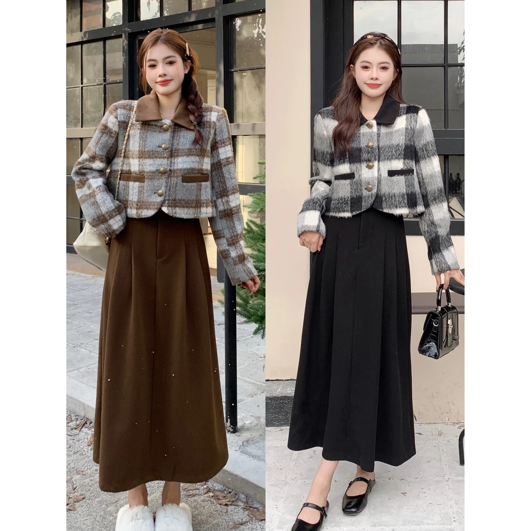 【清仓款】秋冬毛呢外套+长款百褶半身裙套装