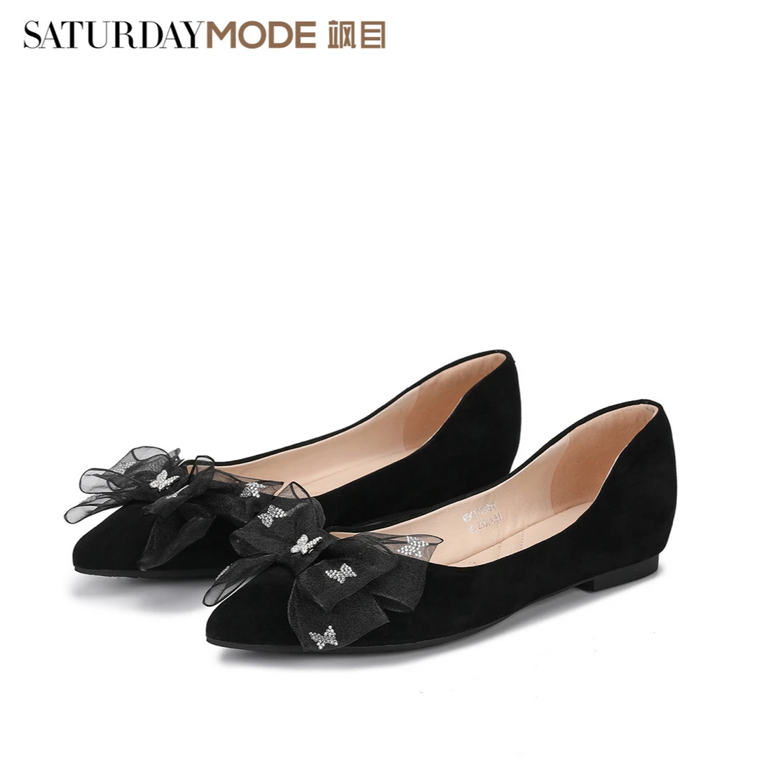 SATURDAYMODE羊皮平底鞋女新款尖头软底蝴蝶结黑色单鞋MD43111D02