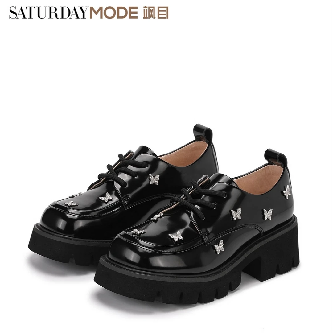 SATURDAYMODE黑色系带乐福鞋女2024新款厚底亮面英伦风MD43112013