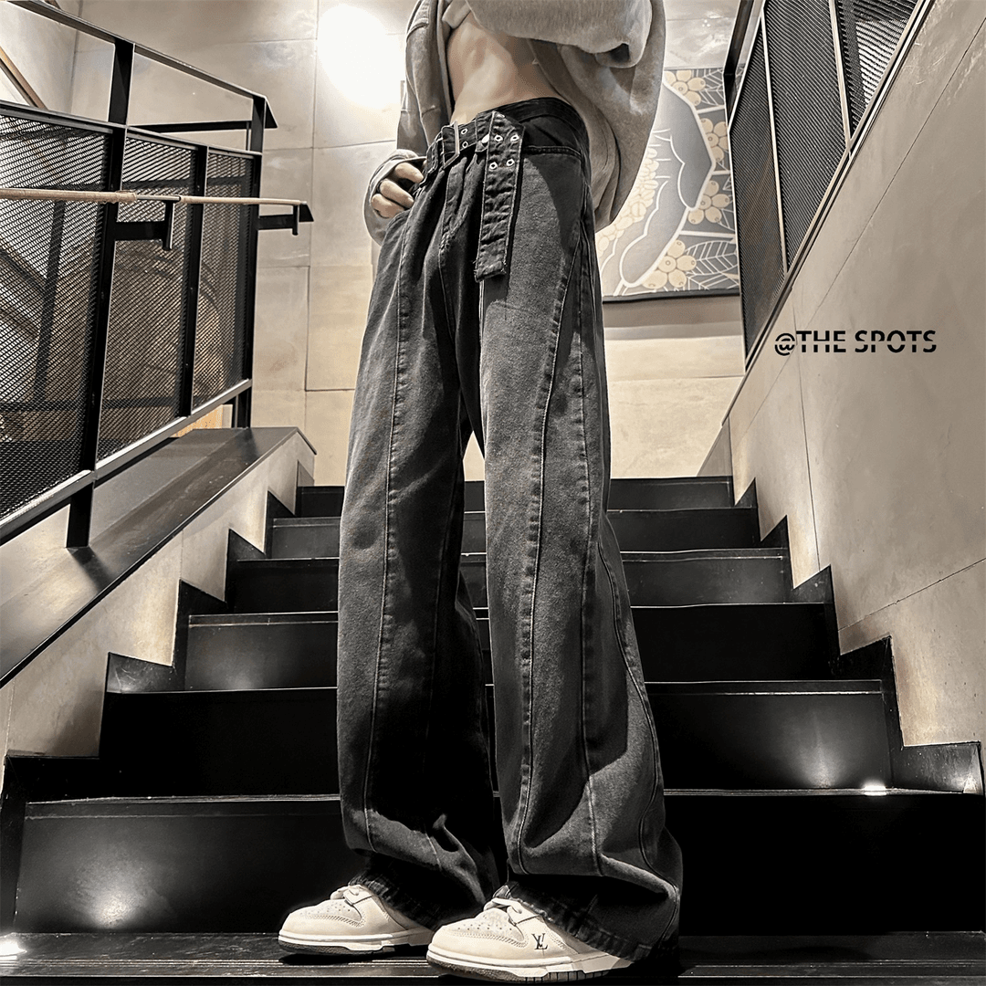 nt 复古黑色牛仔裤男士春秋潮牌高级感痞帅美式高街宽松直筒阔腿裤子