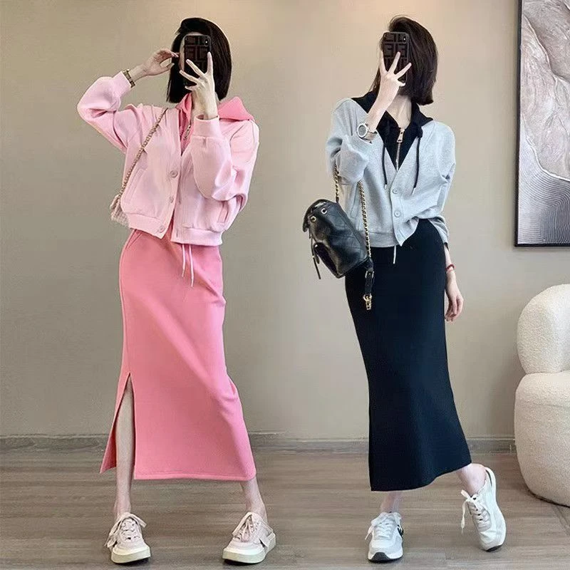 胖mm时尚休闲套装女款春秋季大码显瘦洋气假两件卫衣半身裙两件套