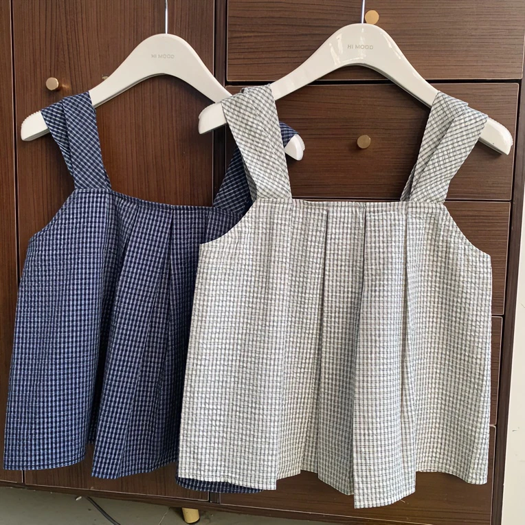 【金恩慧欧尼Hi mood】双肩带褶皱后背松紧格纹吊带上衣