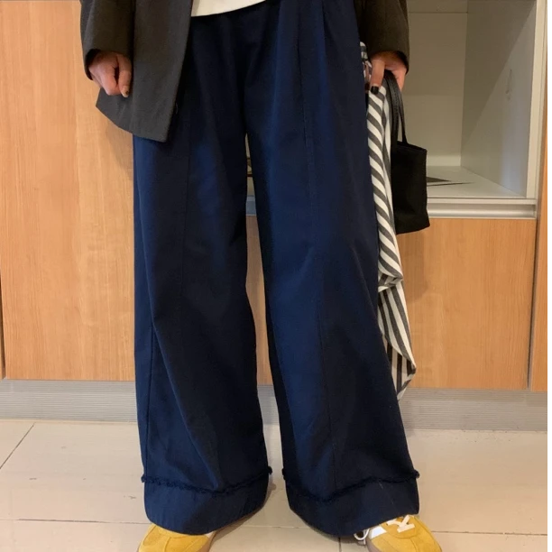 【金恩慧欧尼Hi mood】后松紧腰压褶毛边卷边阔腿直筒裤