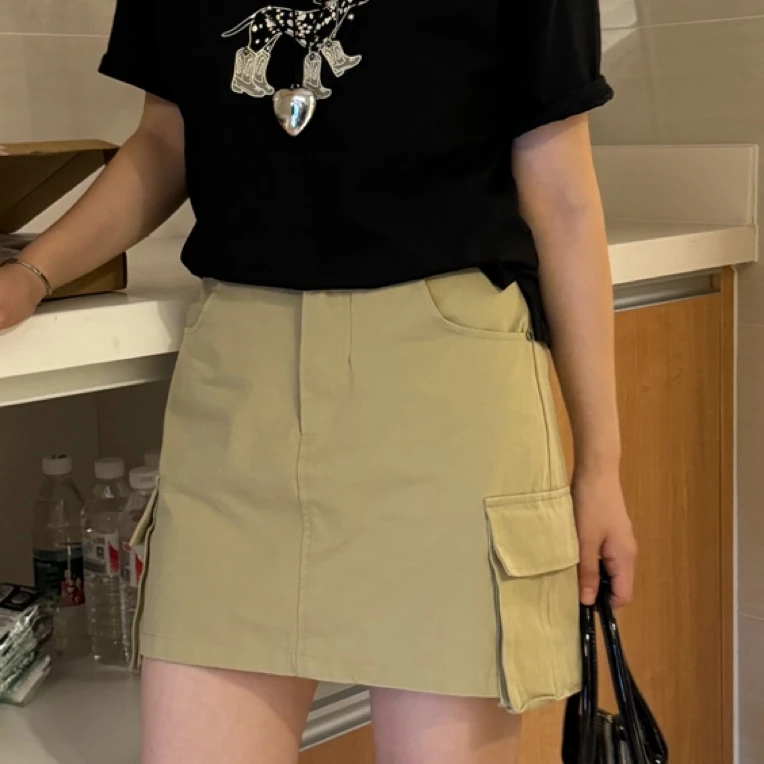 【金恩慧欧尼Hi mood】韩系复古高腰大口袋显瘦工装A字半身裙
