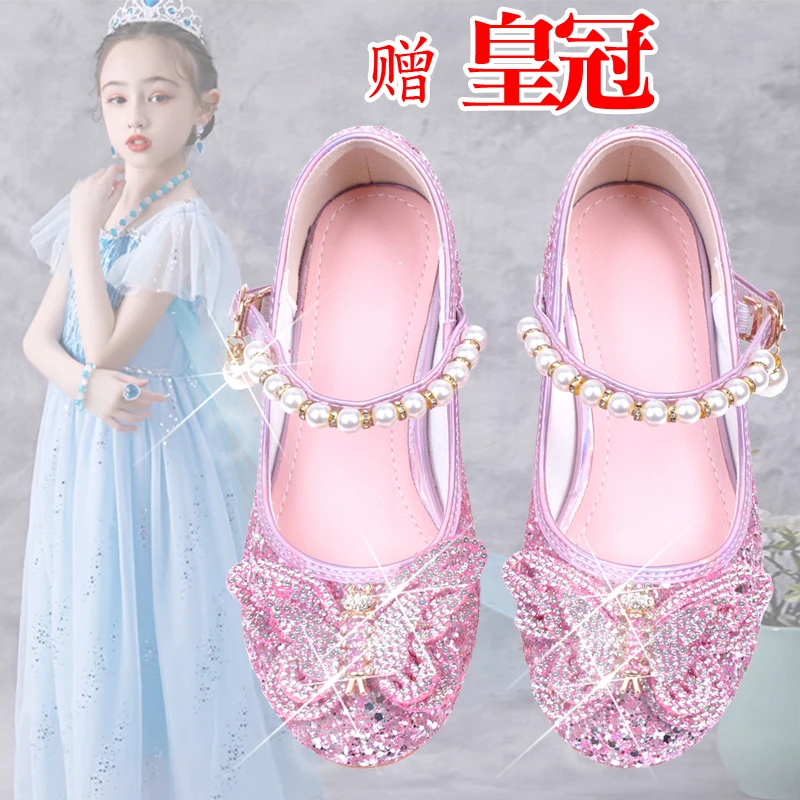 小孩子的新鞋456789岁小女孩单鞋水晶鞋带跟的宝宝鞋爱莎冰雪奇缘