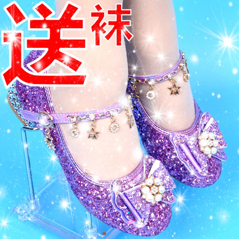 公主鞋女童水晶公主鞋儿童高跟鞋粉色爱莎公主皮鞋儿童带跟公主鞋