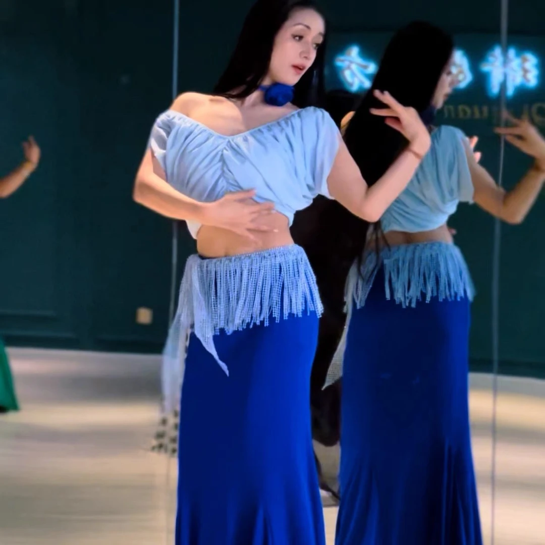 悦梦风璐肚皮舞练功服套装透气流苏性感演出服流苏长裙蓝色撞色