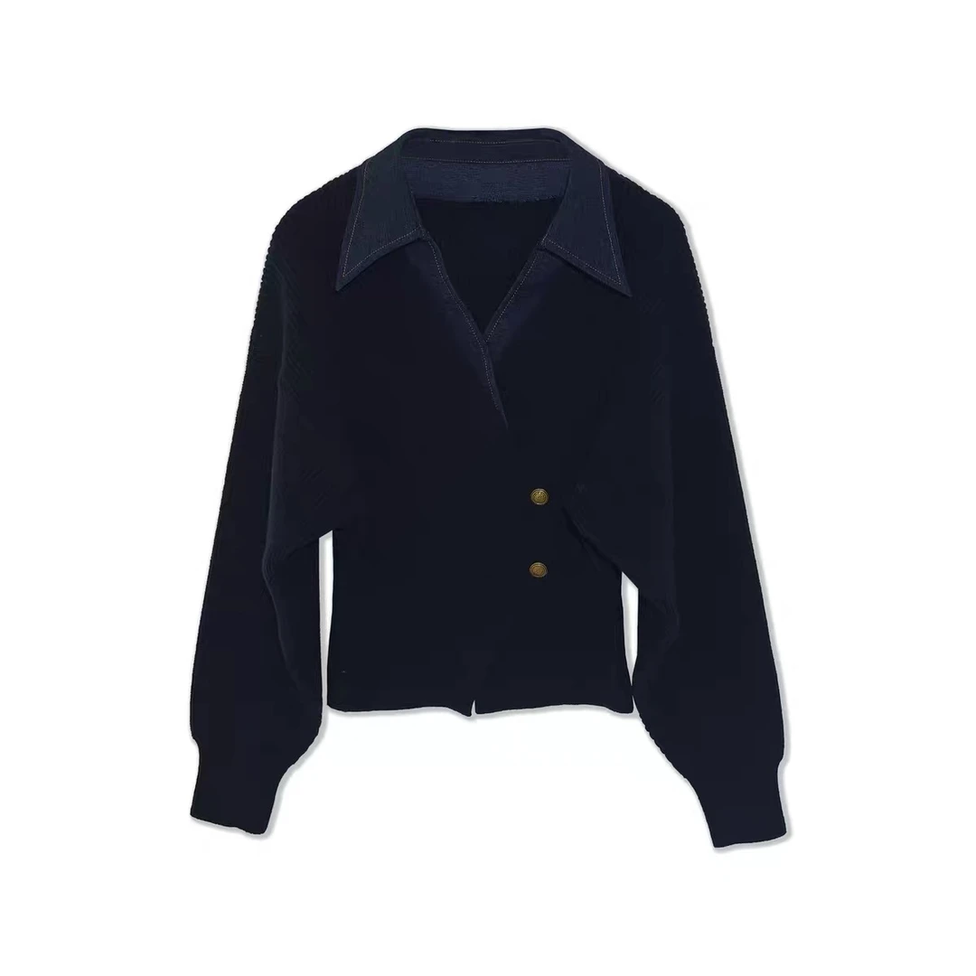 【福利】秋冬设计感牛仔翻领拼接假两件套头针织衫 AL4-9180