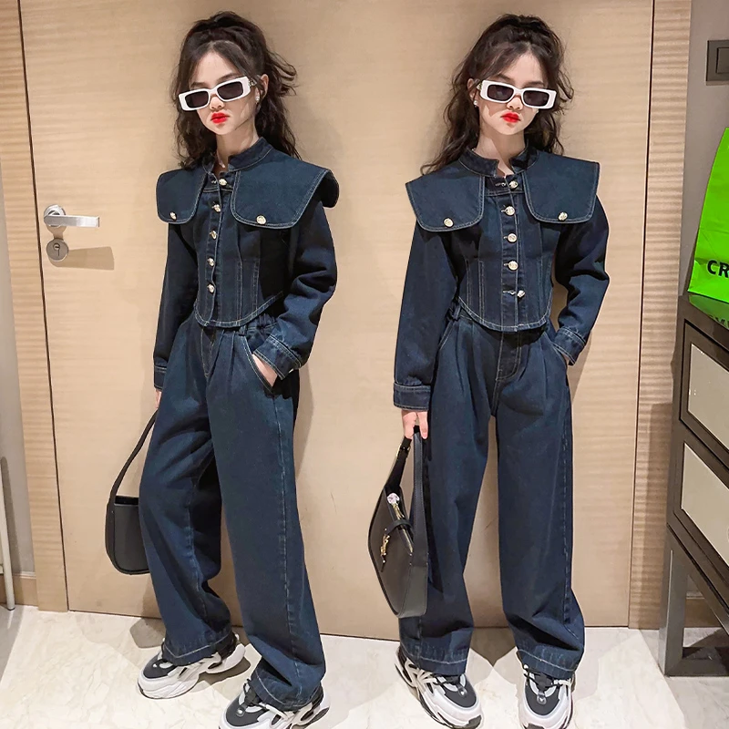 女童套装韩版网红极简风2025春秋季高腰时髦显瘦女孩牛仔服洋气潮