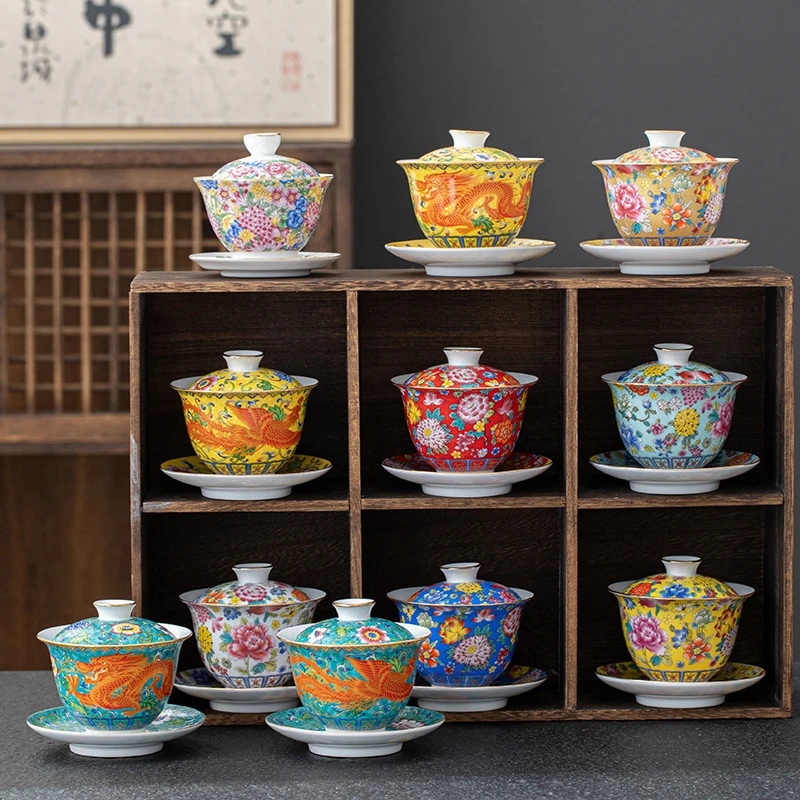 陶瓷盖碗茶具扒花珐琅彩大号三才描金扒花宫廷风茶碗青花复古批发