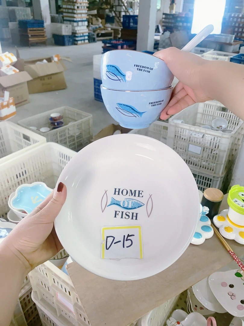 【外贸尾单】陶瓷。家用年年有鱼餐盘+米饭碗