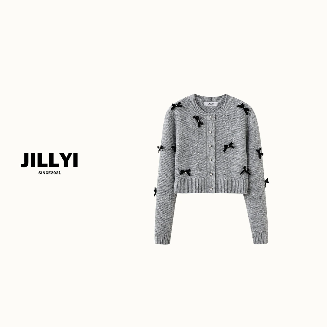 JILLYI珠海店【初秋暮色】灰色蝴蝶结针织上衣小香风气质短款时尚
