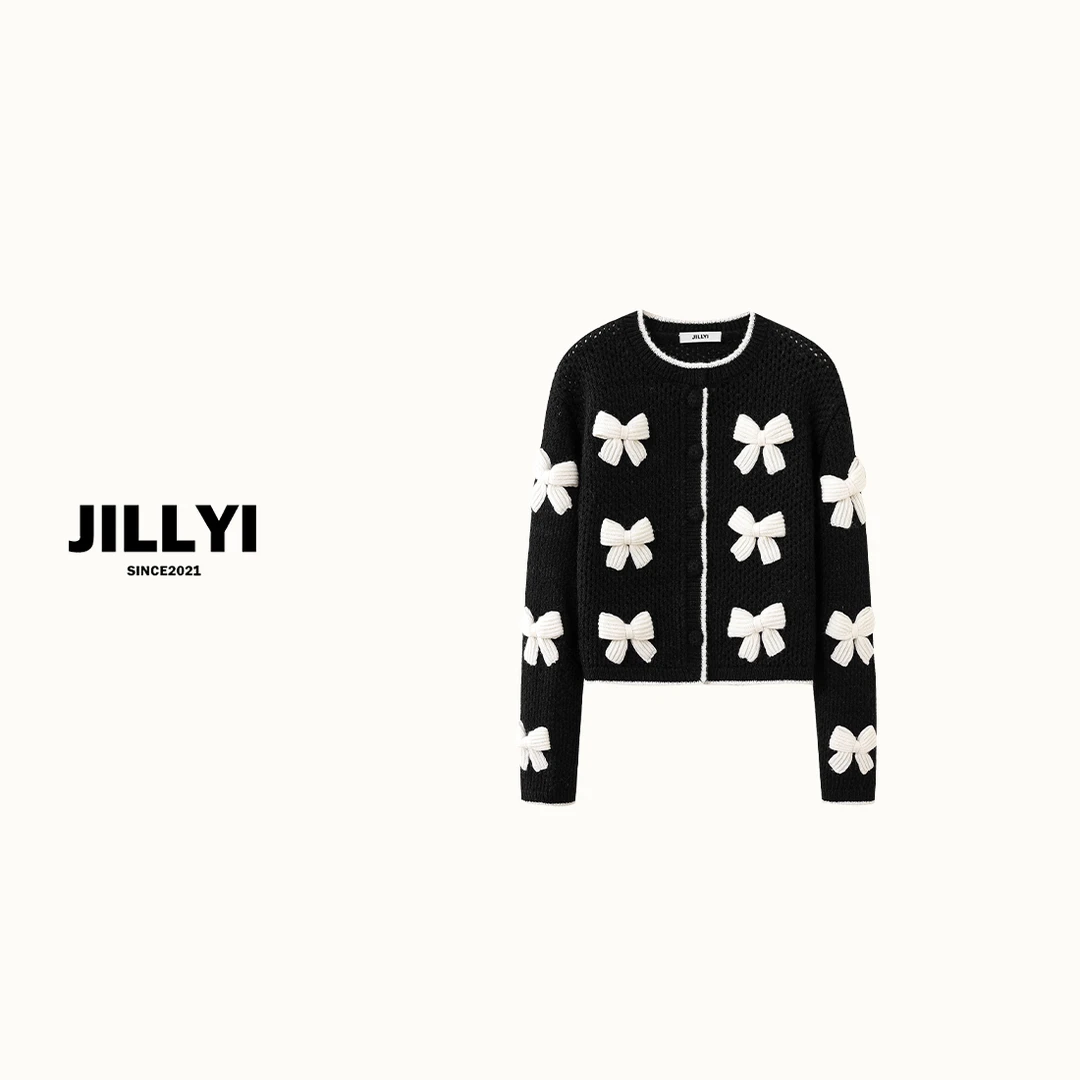 JILLYI南山店【蝴蝶糖霜】黑白拼色圆领单排扣镂空蝴蝶结针织开衫