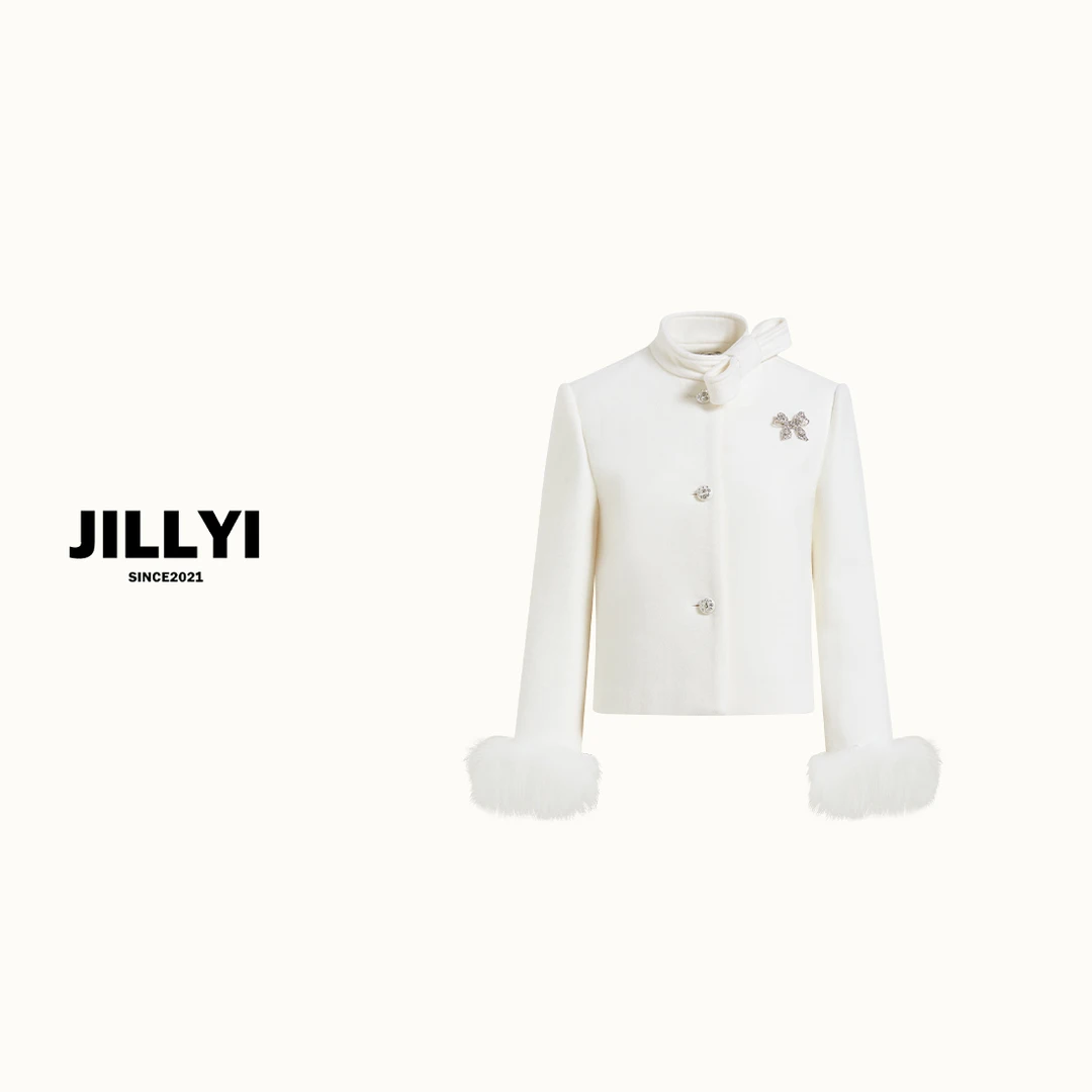 jillyi 【月光梦境】侧面蝴蝶结毛呢纯白色外套战袍女士秋冬轻奢女