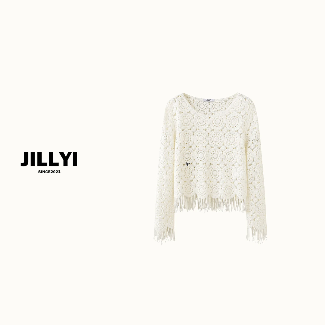 jillyi【镂空茶花】圆领镂空花朵针织衫小蜜蜂刺绣流苏下摆秋冬