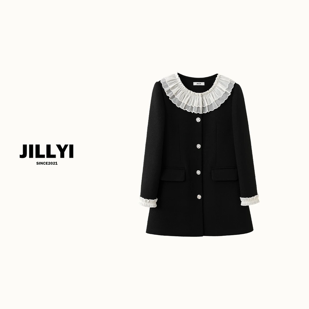 JILLYI珠海店【漫步晚秋】黑色圆领网纱拼接领口秋季中长款外套