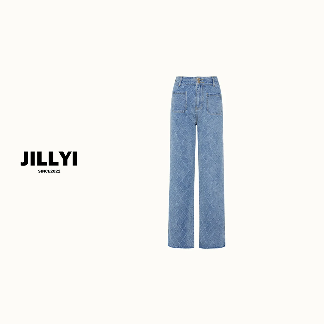 JILLYI珠海店【菱格香香】复古手工猫须菱格时尚气质百搭浅蓝色牛仔