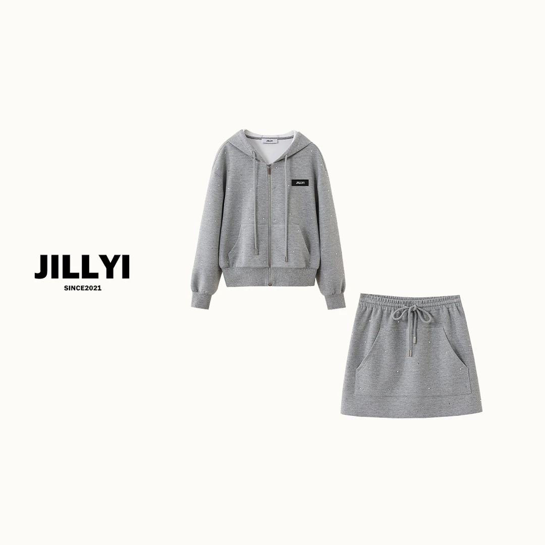 jillyi【格雷日记】灰色满钻连帽运动套装韩版时尚休闲百搭秋冬