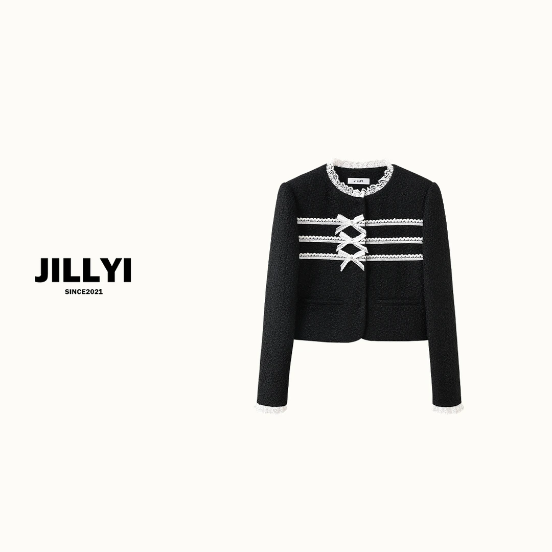 jillyi【千金玛德琳】黑白撞色蕾丝边蝴蝶结外套小香风气质轻奢时尚