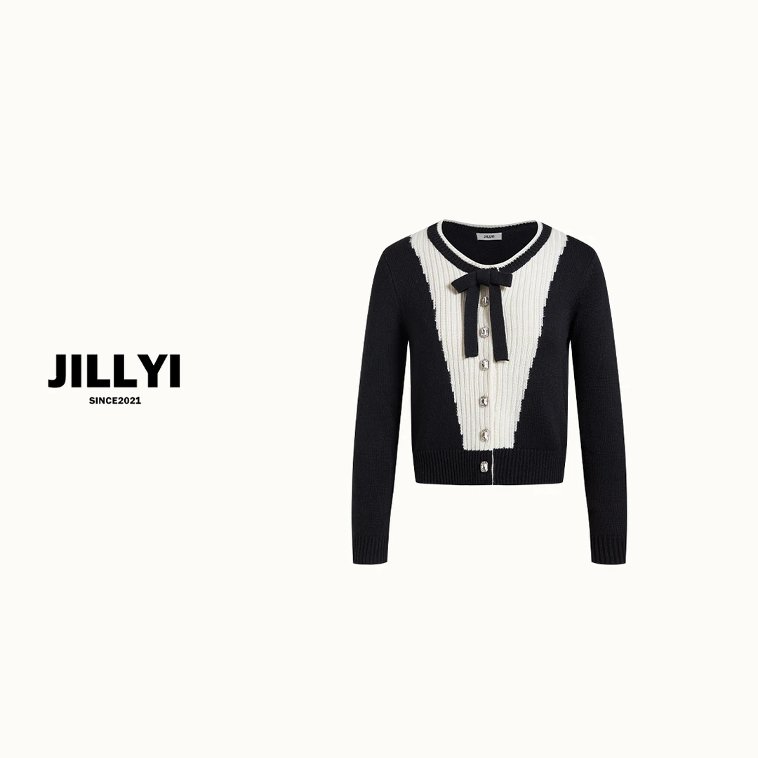 jillyi 【贵气千金】手工蝴蝶结针织拼色毛衣针织衫小香风秋冬黑白