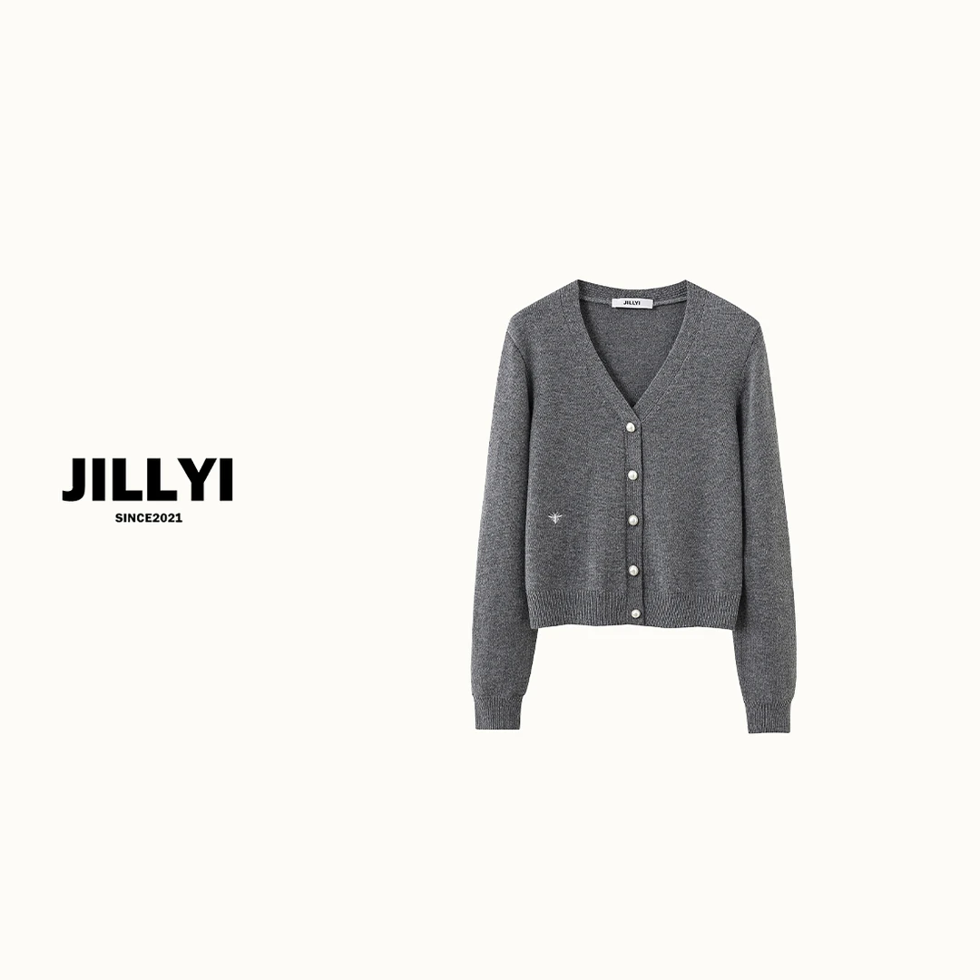 jillyi【纯色奇遇】纯色珍珠扣长袖针织衫小香风圆领秋冬百搭休闲