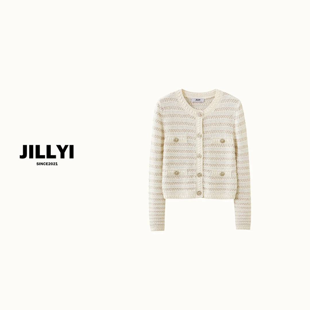 jillyi【铃兰小姐】香槟色圆领单排扣秋季时尚小香风针织开衫