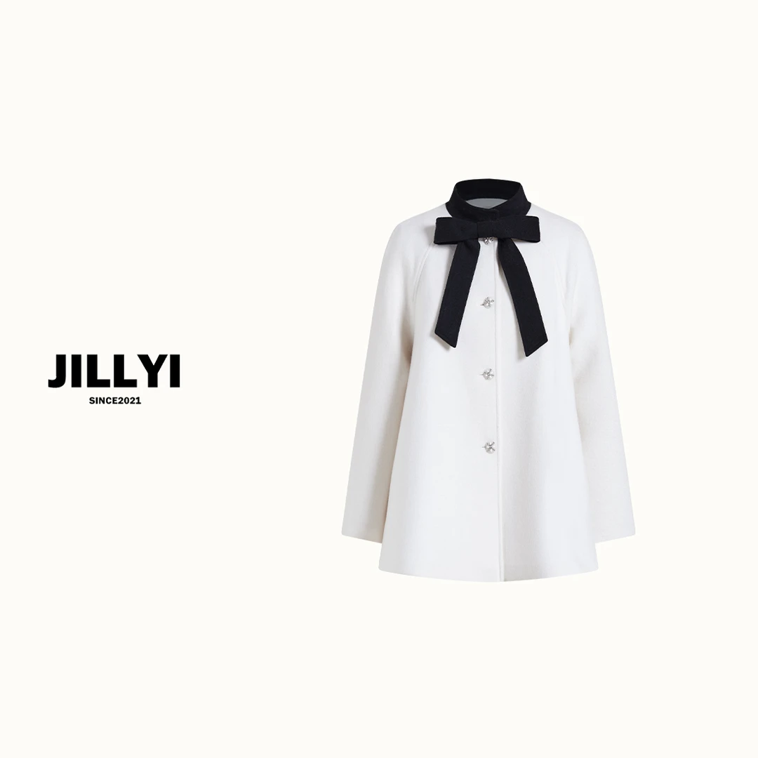 jillyi【华伦公主】黑色蝴蝶结白色粗纺外套显瘦小香风时尚秋冬女士