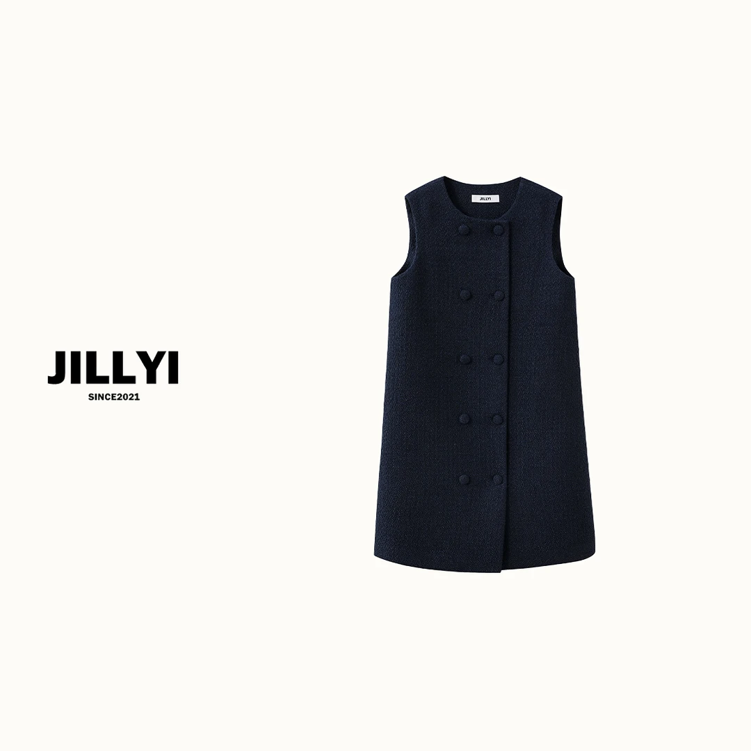 jillyi【黑茶少女】双排扣无袖粗花呢女装连衣裙气质时尚休闲女士
