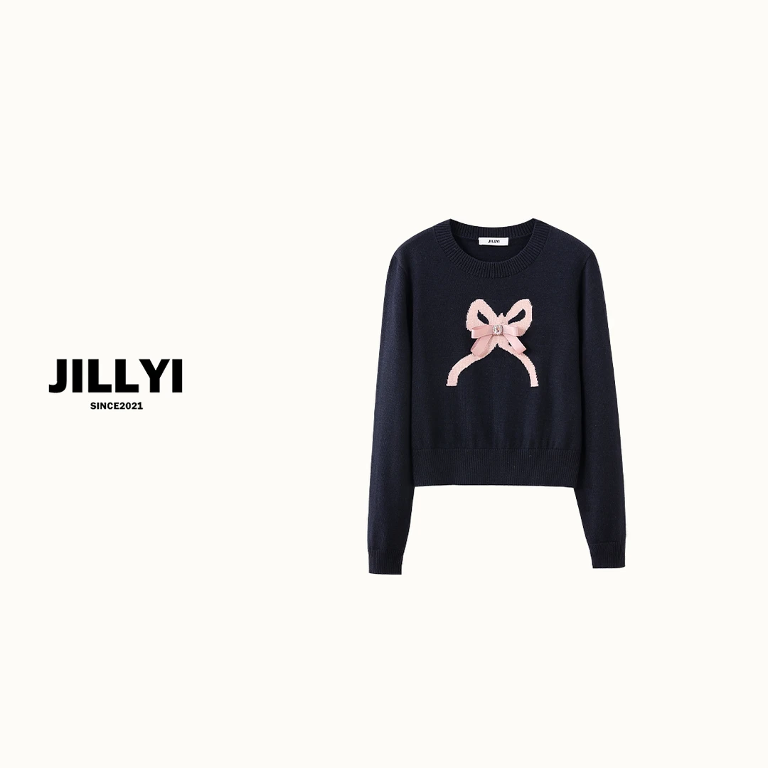 jillyi【甜粉丝带2.0】长袖蝴蝶结圆领针织衫轻奢时尚百搭秋冬套头