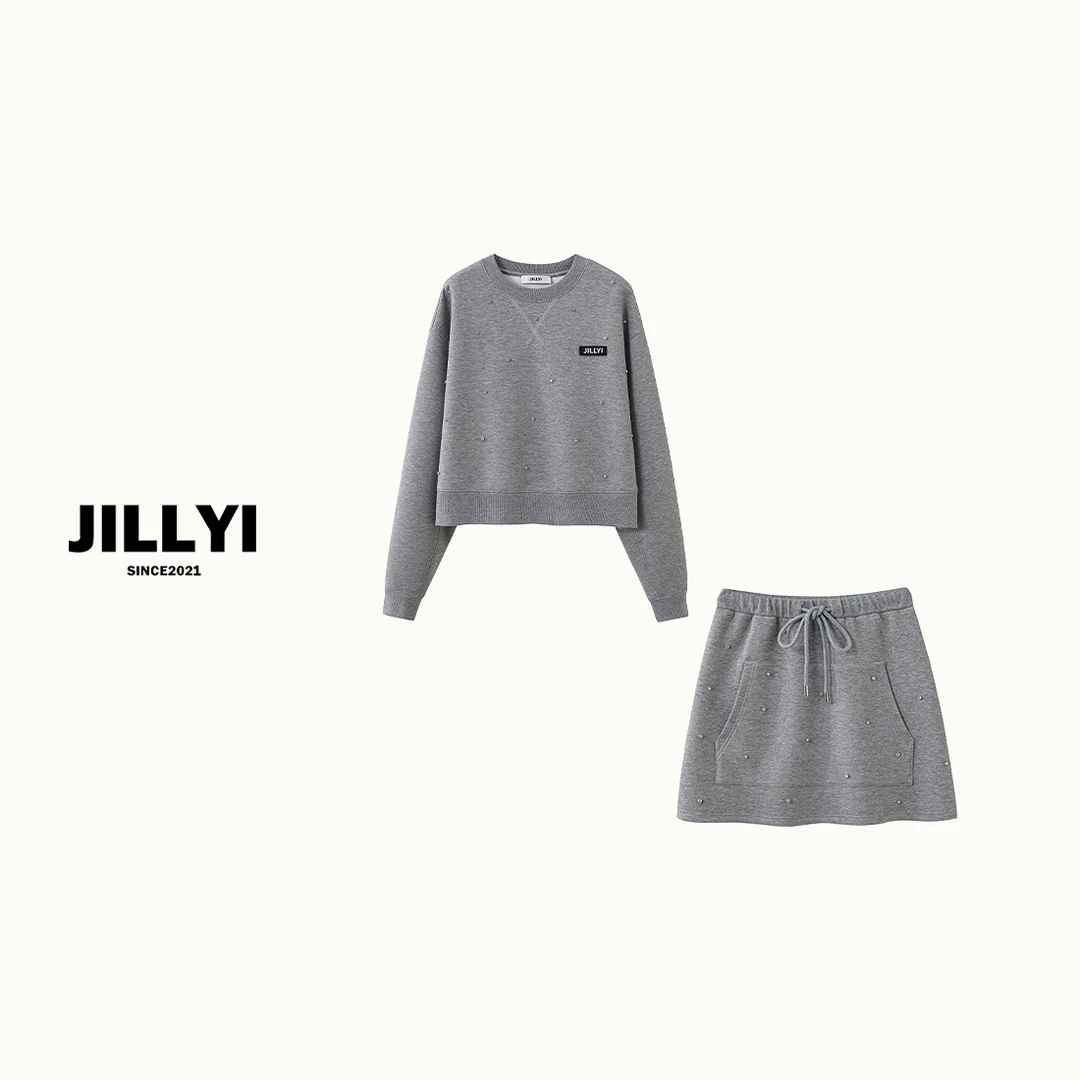jillyi【女高穿搭】灰色满钻卫衣套装长袖休闲打底时尚纯色秋冬圆领