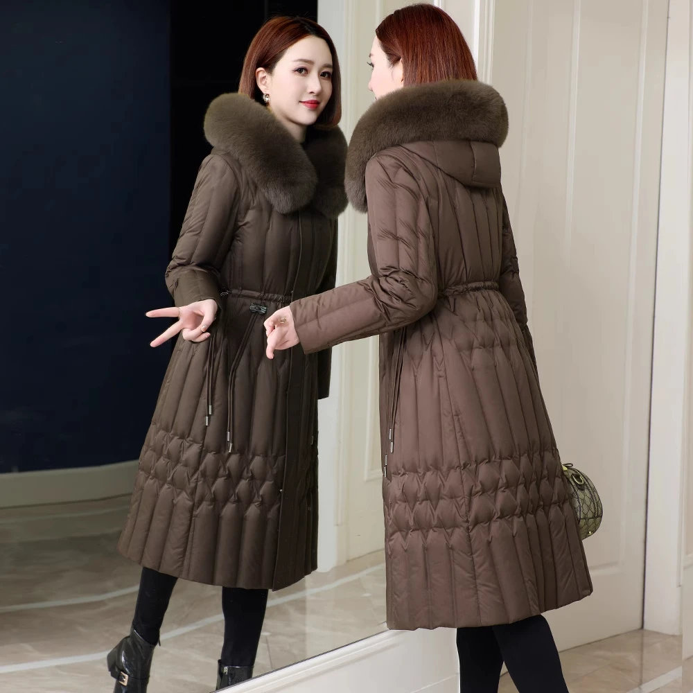 中年妈妈2024冬装新款狐狸毛领鹅绒羽绒服中长款女士防寒保暖外套