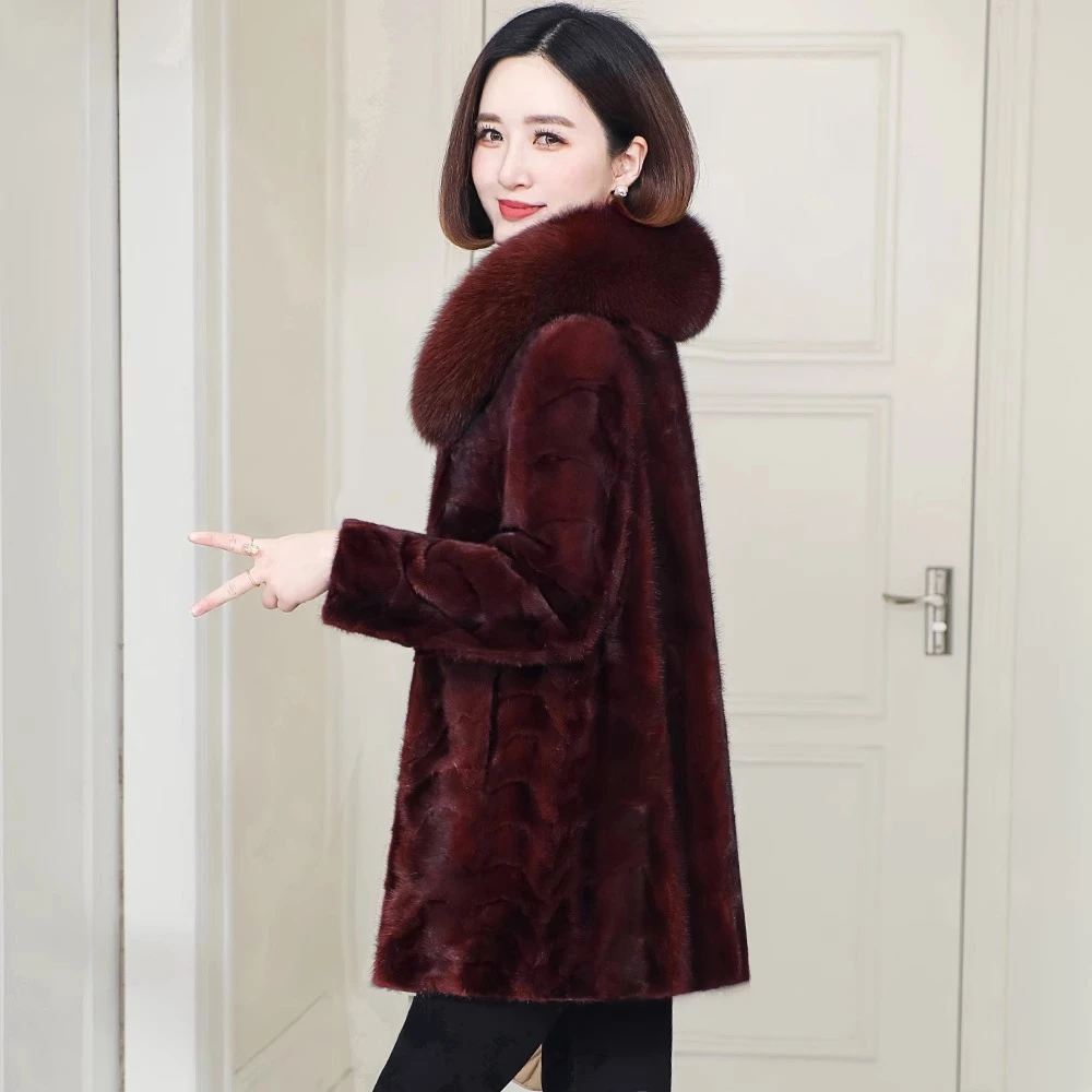 真品海宁妈妈外套新年红冬季水貂外套高档狐狸领拼貂高端奢华大码