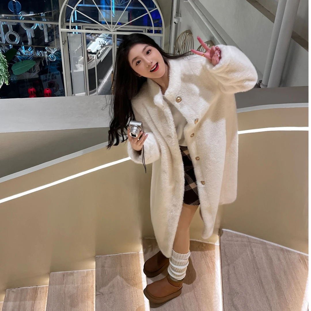 [HH专属]小公主立领冬季长款气质毛毛外套时尚宽松保暖
