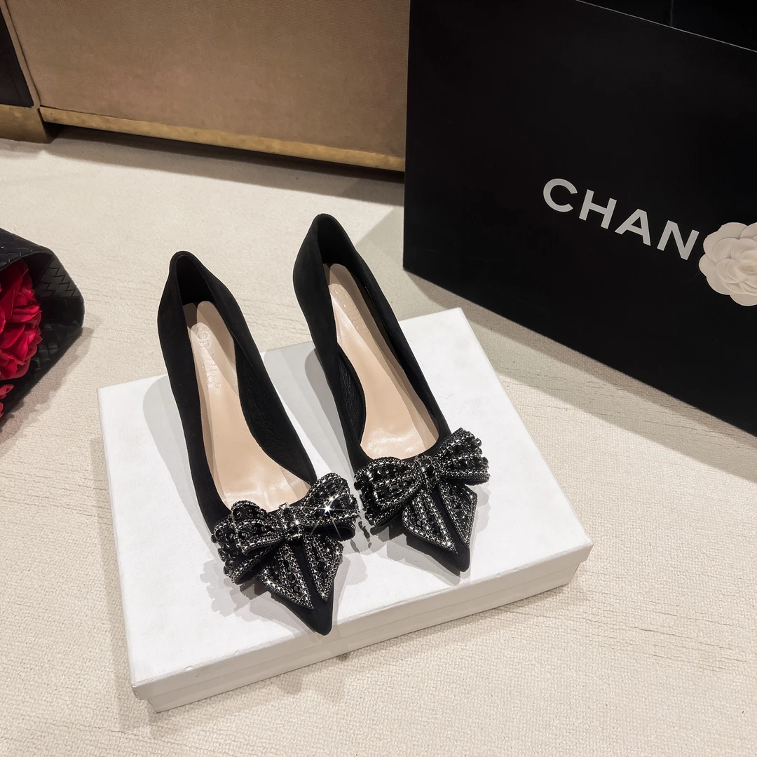 2025新款浅口蝴蝶结高跟鞋春秋气质时尚百搭黑色职业尖头细跟女鞋