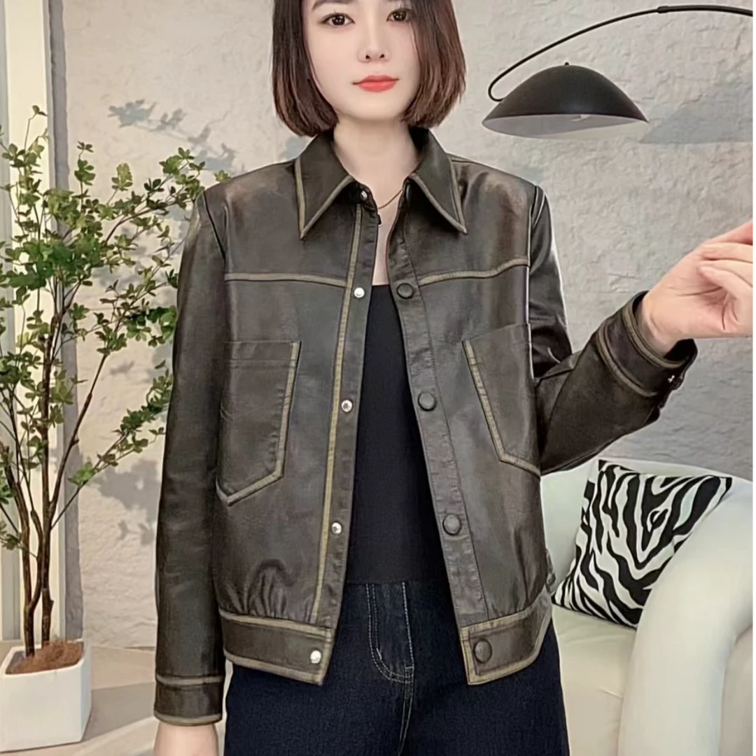 2024新款皮衣pu水洗口袋宽松韩版气质显瘦休闲外套黑色秋冬