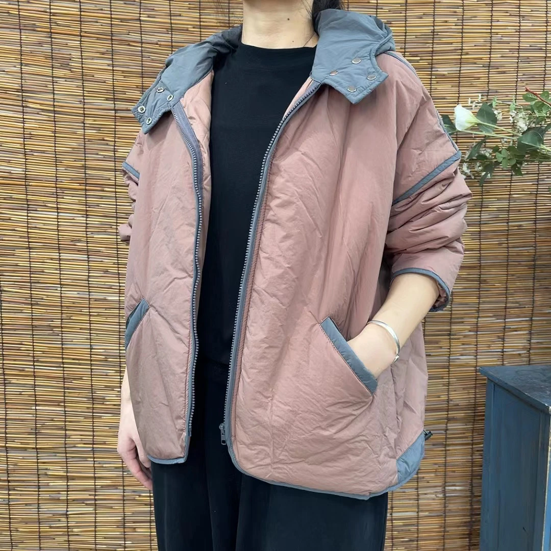 7468新款秋冬休闲百搭时尚简约显瘦拼接撞色连帽棉服