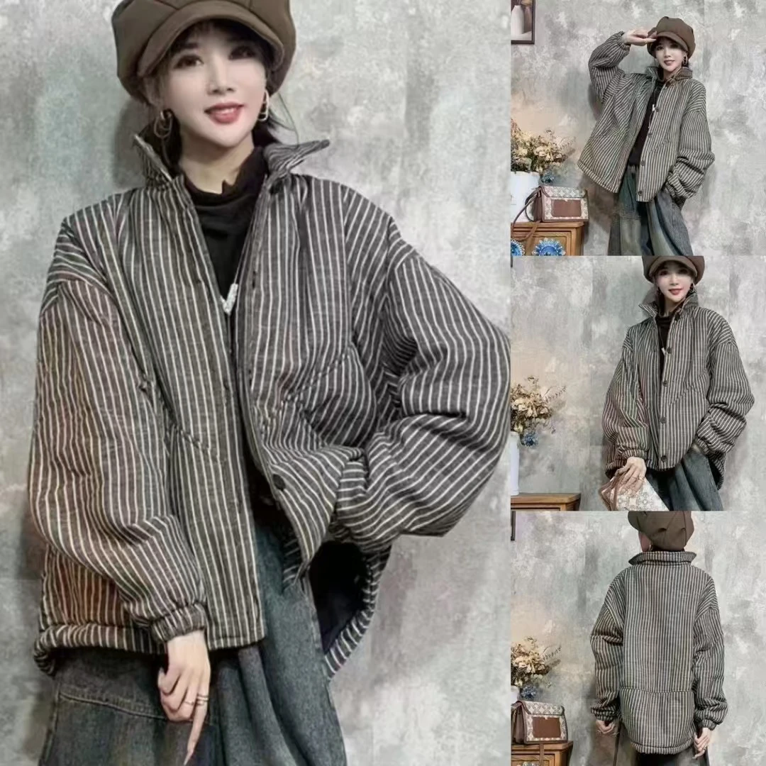 7435新款加厚秋冬时尚宽松显瘦简约百搭条纹棉服