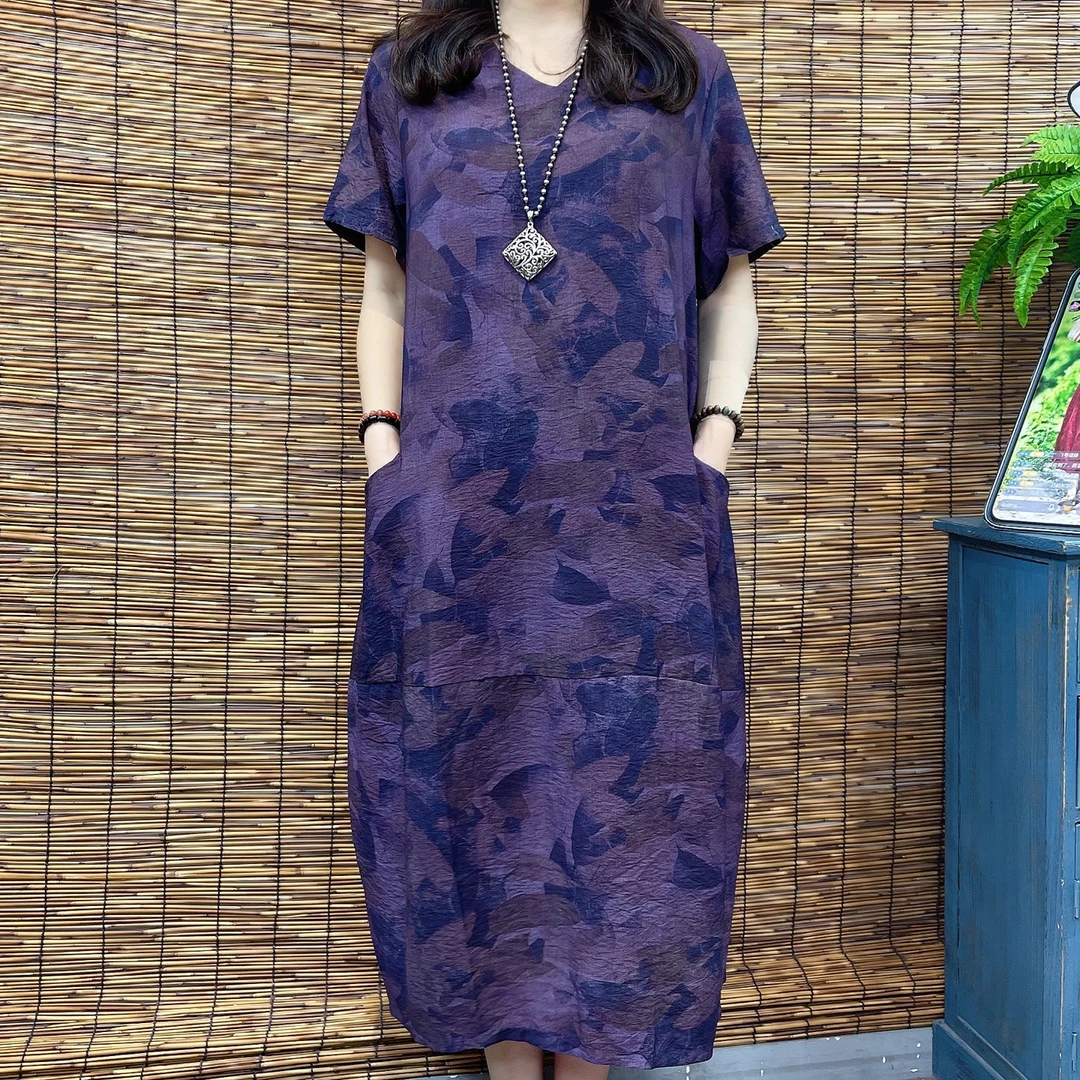 6495新品夏季清凉短袖V领中年妈妈连衣裙A字裙子洋气裙子