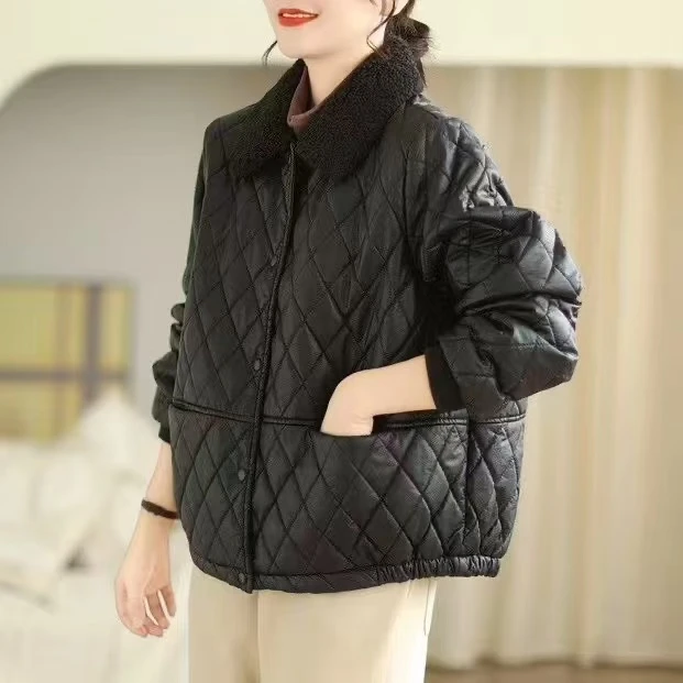 7410新款加绒加厚秋冬时尚菱格拼松保暖皮衣棉衣