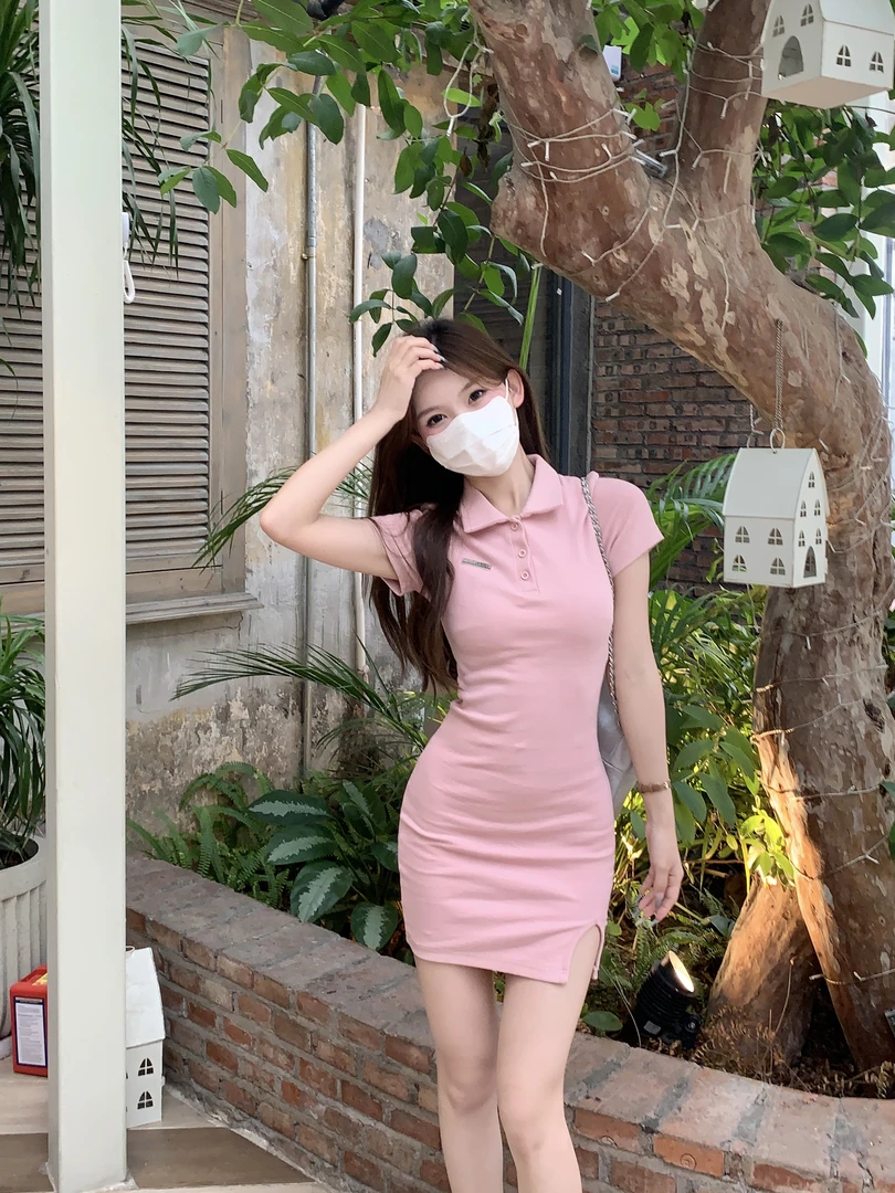 【季末折扣】粉色夏天新款修身裙子polo裙小个子短裙度假风连衣裙
