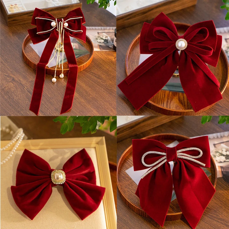 2023新娘敬酒红色新款丝绒套装结婚订婚发饰蝴蝶结头饰订婚套装