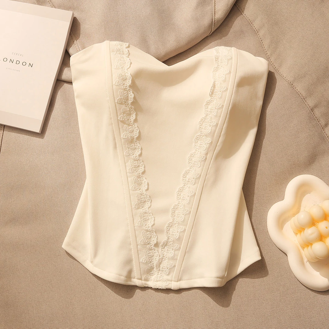 甜辣妹鱼骨蕾丝抹胸吊带背心女打底内搭带胸垫修身裹胸一字肩上衣