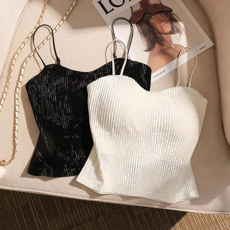 丝绒高女装档小吊带美背心胸垫一体打底内搭无袖抹胸短款上衣外穿