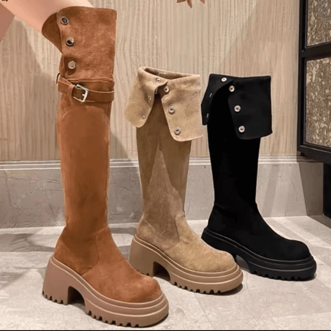 胖妹妹肥筒美拉德复古西部靴女冬加绒过膝长靴长筒靴雪地靴骑士靴