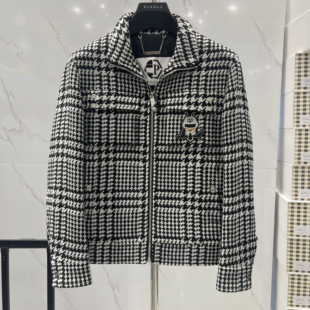 炸【PP外套加棉】秋冬新款潮流休闲男装夹克外套翻领千鸟格时尚百搭