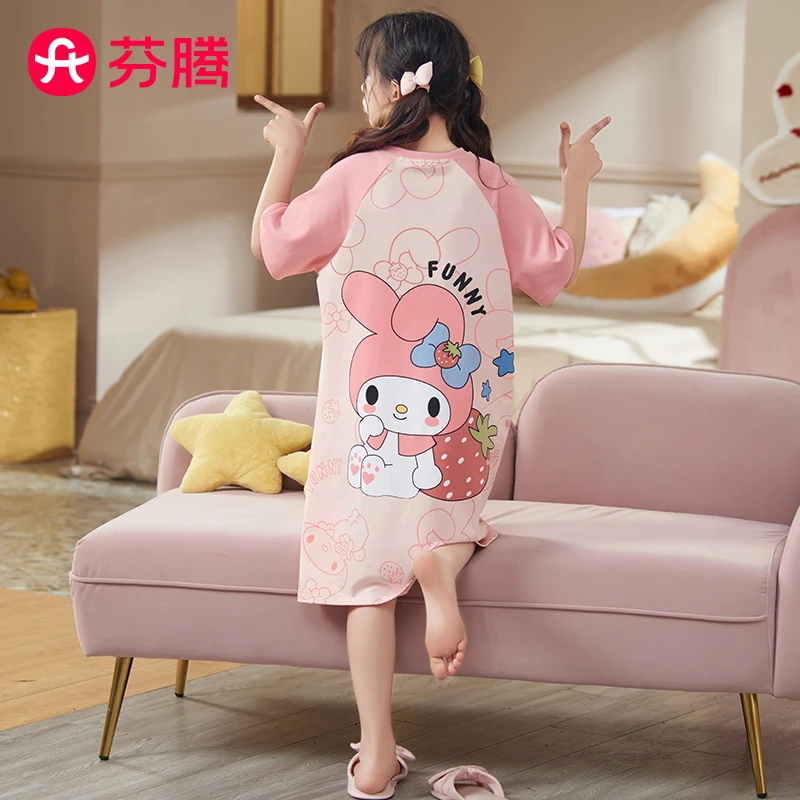 芬腾女童睡裙夏款女孩纯棉儿童卡通风睡衣2025新款12岁儿童家居服