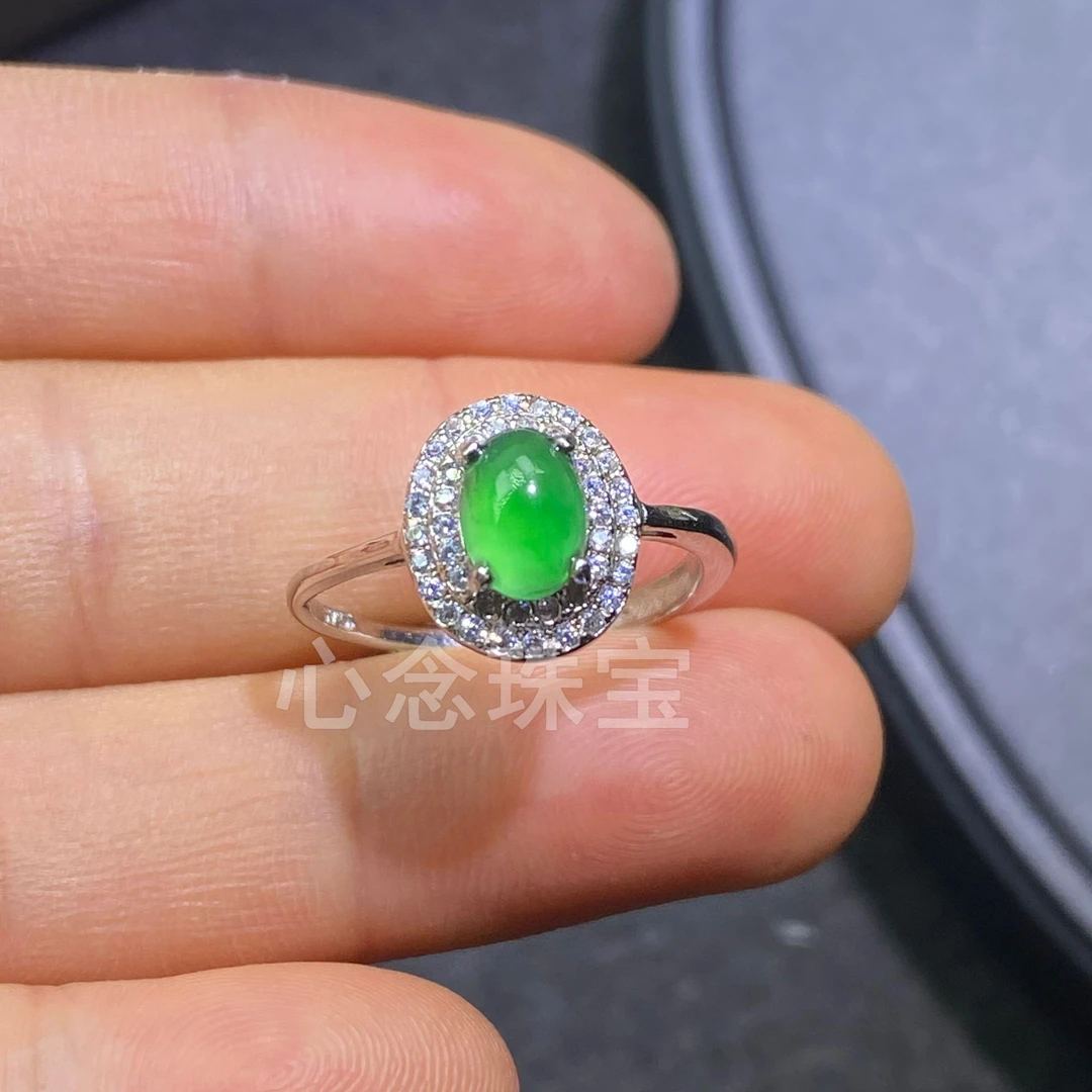 翡翠椭圆戒指天然A货S925银镶多样性百搭精致显气质满绿翡翠戒指