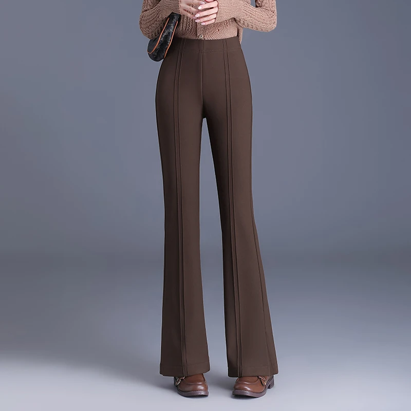 高腰喇叭裤女秋冬加绒显瘦通勤开叉长裤2023新款休闲微喇西装裤子