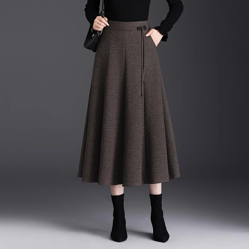 盘扣毛呢八片裙子半身裙女秋冬2025新款高腰显瘦中长a字裙大摆裙